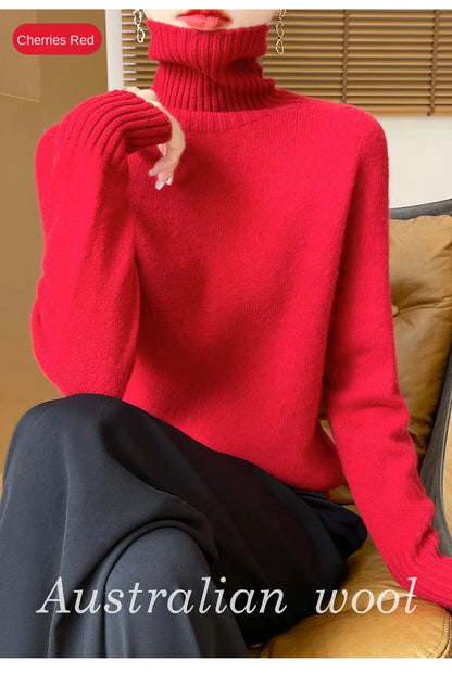 Women's Clothing New Fashion Autumn And Winter Merino Wool Pullover Solid Color Long Sleeve Basic Thermal Top 100% Wool Sweater