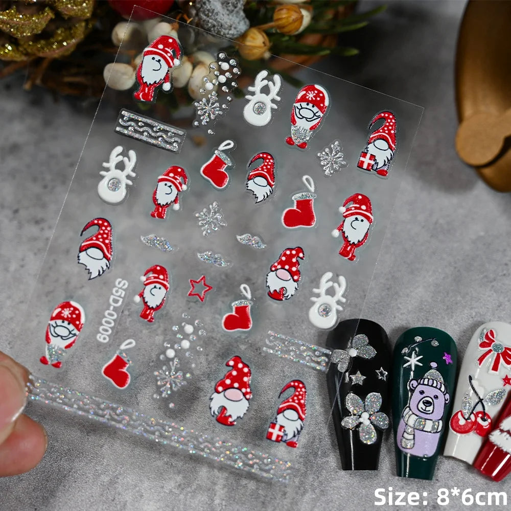 Cute Deer Christmas Nail Stickers 5D Embossed Elk Star Gingerbread Man Snowflake Santa Claus Holly DIY Winter Engraved Manicure*