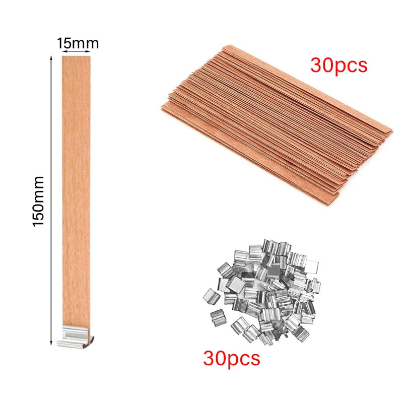30/50pcs Wooden Candle Wick Set With Clip Base Smokeless Candle Wicks for DIY Paraffin Candle Jar Making Candle Making Supplies