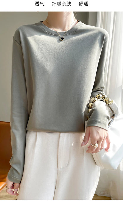Spring Autumn 100% Cotton Long-Sleeved T-Shirt Women's Round Neck Mercerized Cotton Bottoming Shirt Loose Top
