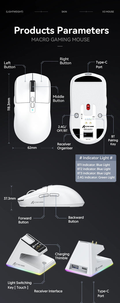 ATTACK SHARK X6 Mouse,PAW3395 Bluetooth Tri-Mode Connection,RGB Touch Magnetic Charging Base,Macro Gaming Mouse