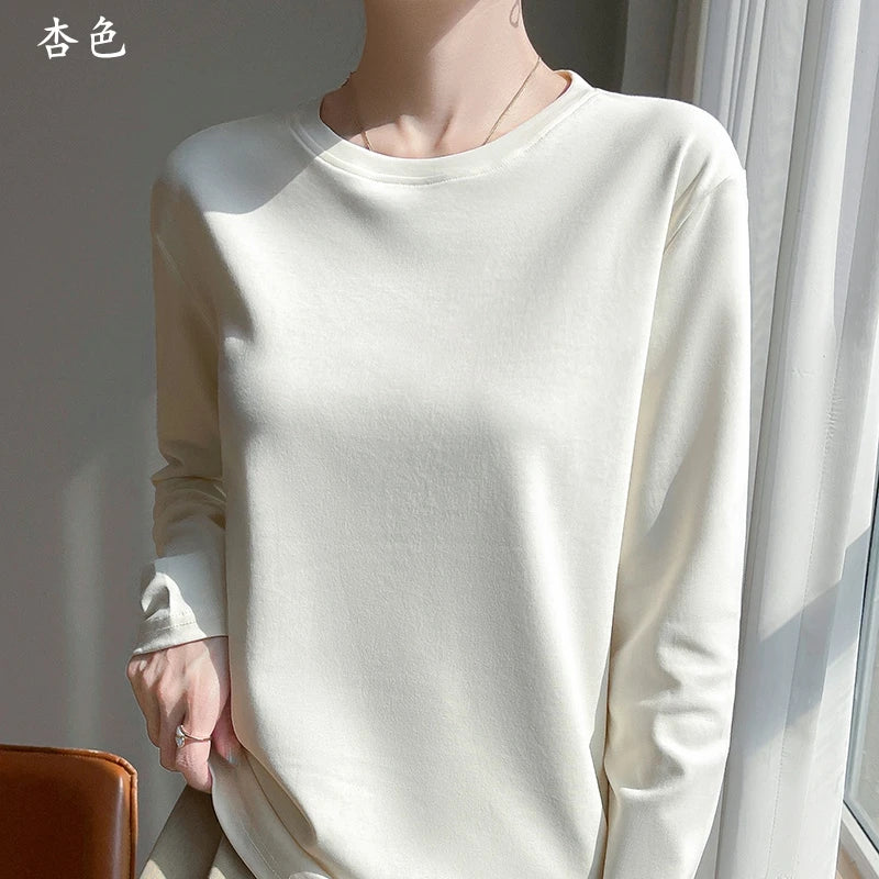Spring Autumn 100% Cotton Long-Sleeved T-Shirt Women's Round Neck Mercerized Cotton Bottoming Shirt Loose Top
