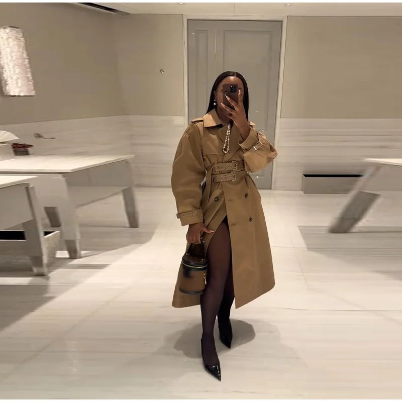 Double-Buckled Belted Hooded Trench Coat Oversized Long Sleeve Maxi 2025 Autumn Edgy Women Outerwear Fashion Trendy Lady Jacket