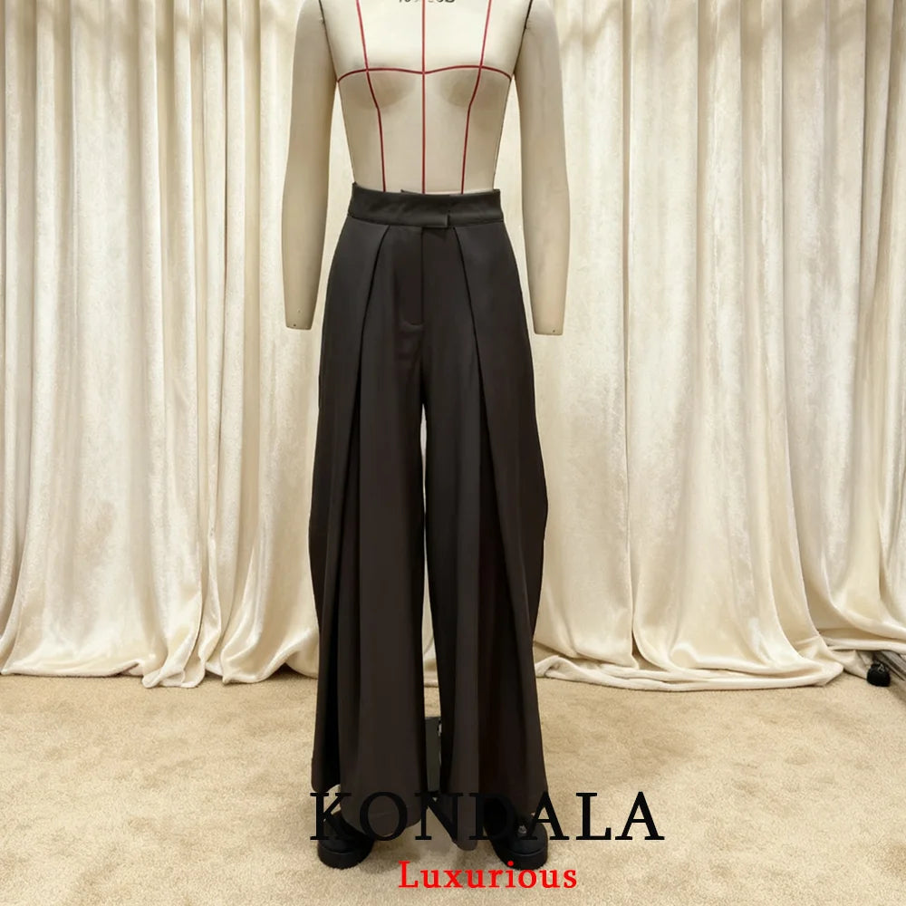 KONDALA Casual Chic Wide Leg Pants Women Office Lady Pockets Pleated Long Trousers Fashion 2026 Spring Summer Streetwear Pants