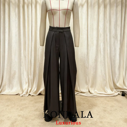 KONDALA Casual Chic Wide Leg Pants Women Office Lady Pockets Pleated Long Trousers Fashion 2026 Spring Summer Streetwear Pants