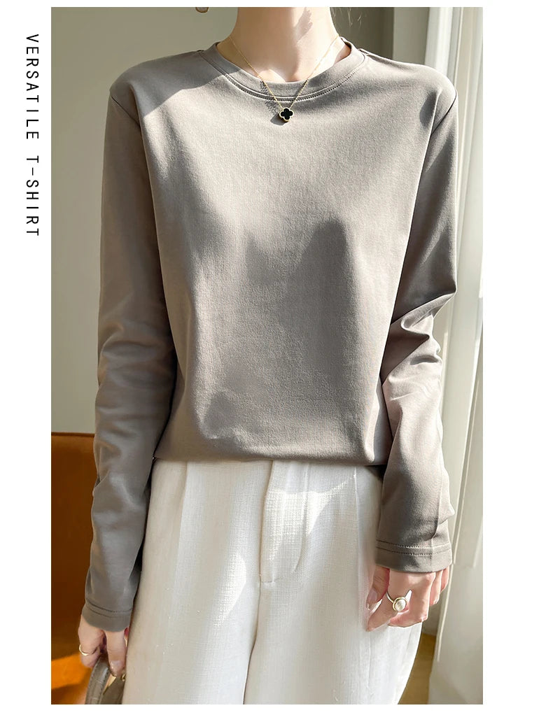Spring Autumn 100% Cotton Long-Sleeved T-Shirt Women's Round Neck Mercerized Cotton Bottoming Shirt Loose Top