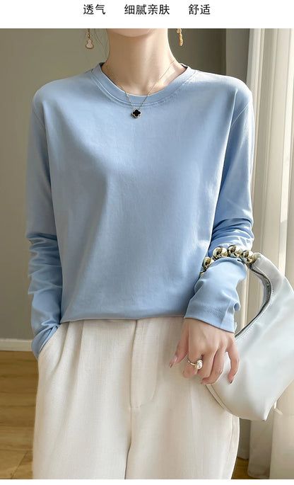 Spring Autumn 100% Cotton Long-Sleeved T-Shirt Women's Round Neck Mercerized Cotton Bottoming Shirt Loose Top