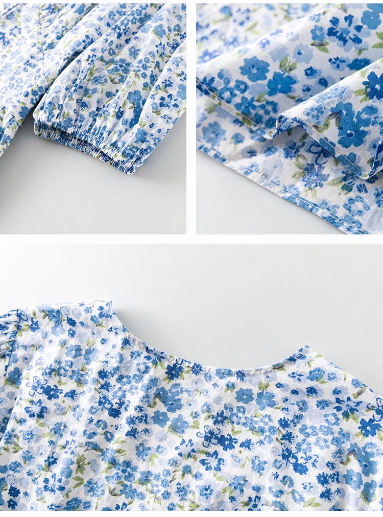 FSLE Blue Romantic Floral Dress Women Elegant Vintage High Waist V-neck Puff Sleeve Summer Printing Female Cotton Long Skirts