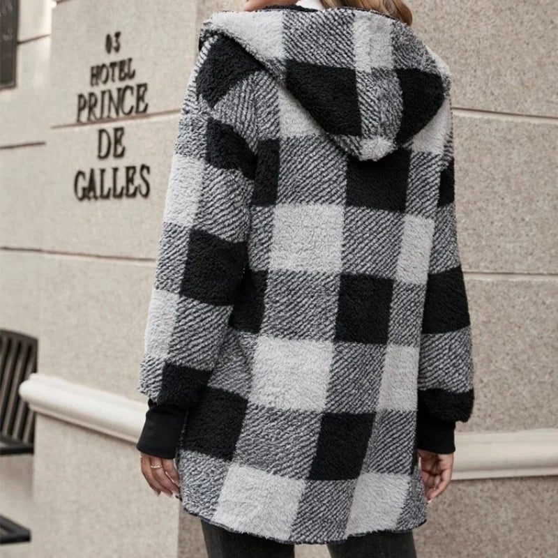 Women Autumn Winter Double Fleece Plaid Cardigan Soft Loose Long Sleeve Plush Warm Hooded Jacket Female Patchwork Outerwear Coat