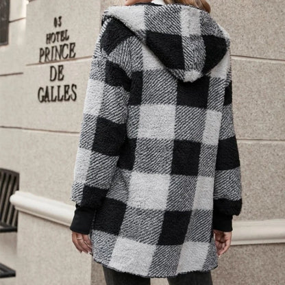 Women Autumn Winter Double Fleece Plaid Cardigan Soft Loose Long Sleeve Plush Warm Hooded Jacket Female Patchwork Outerwear Coat