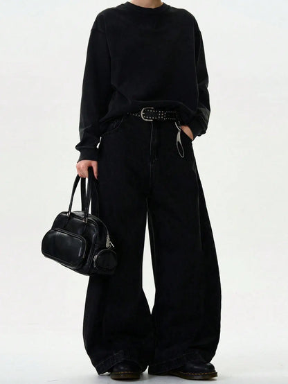 Men’s Wide Leg Curved Denim Jeans – Streetwear Loose Fit