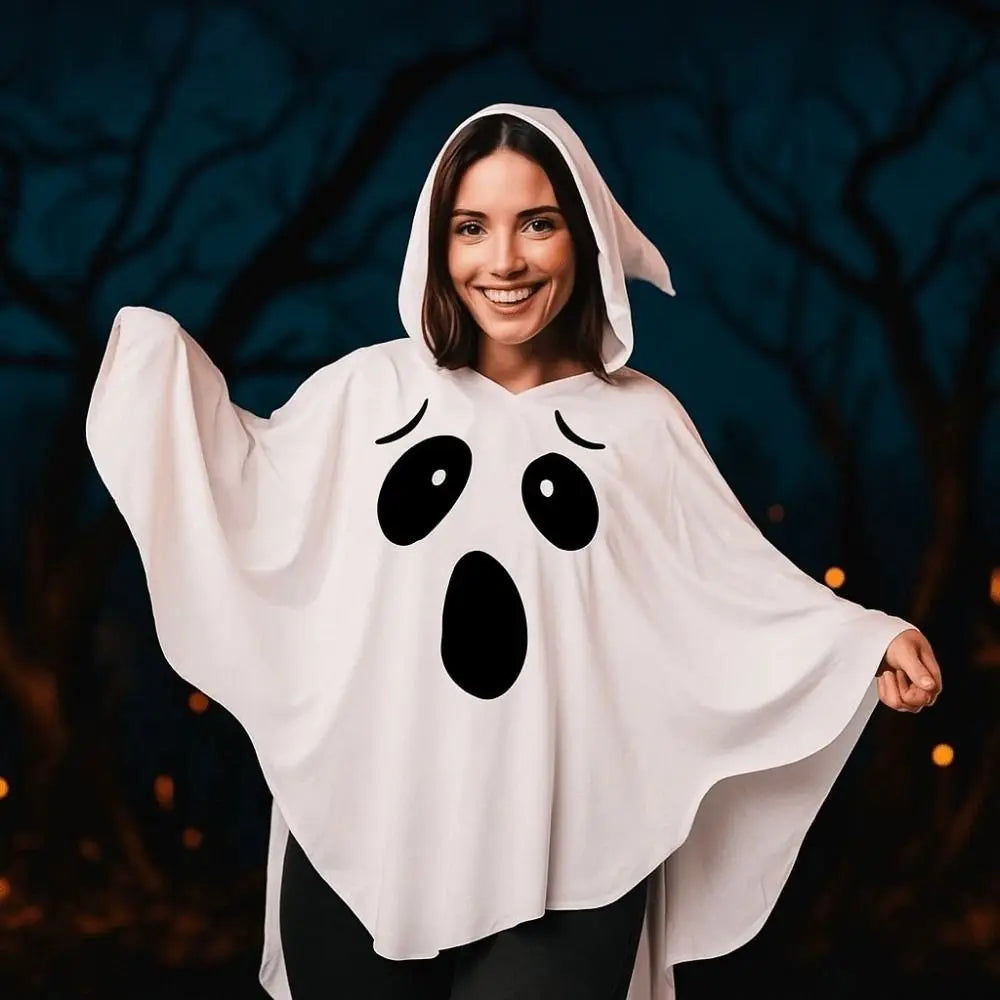 White Halloween Cloak Cape Fright Clothes Trick-or-Treat Spooky Pumpkin Cloak Smock Style with Hat Ghost Cosplay Costume Men