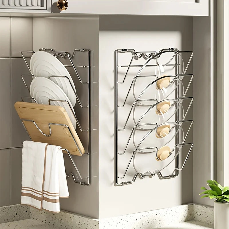 Wall-Mounted Pot Lid Organizer Rack – Multi-Tier Metal Storage for Kitchen