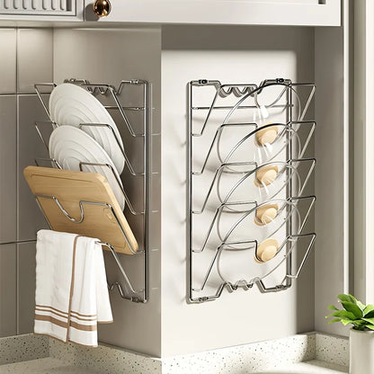 Wall-Mounted Pot Lid Organizer Rack – Multi-Tier Metal Storage for Kitchen