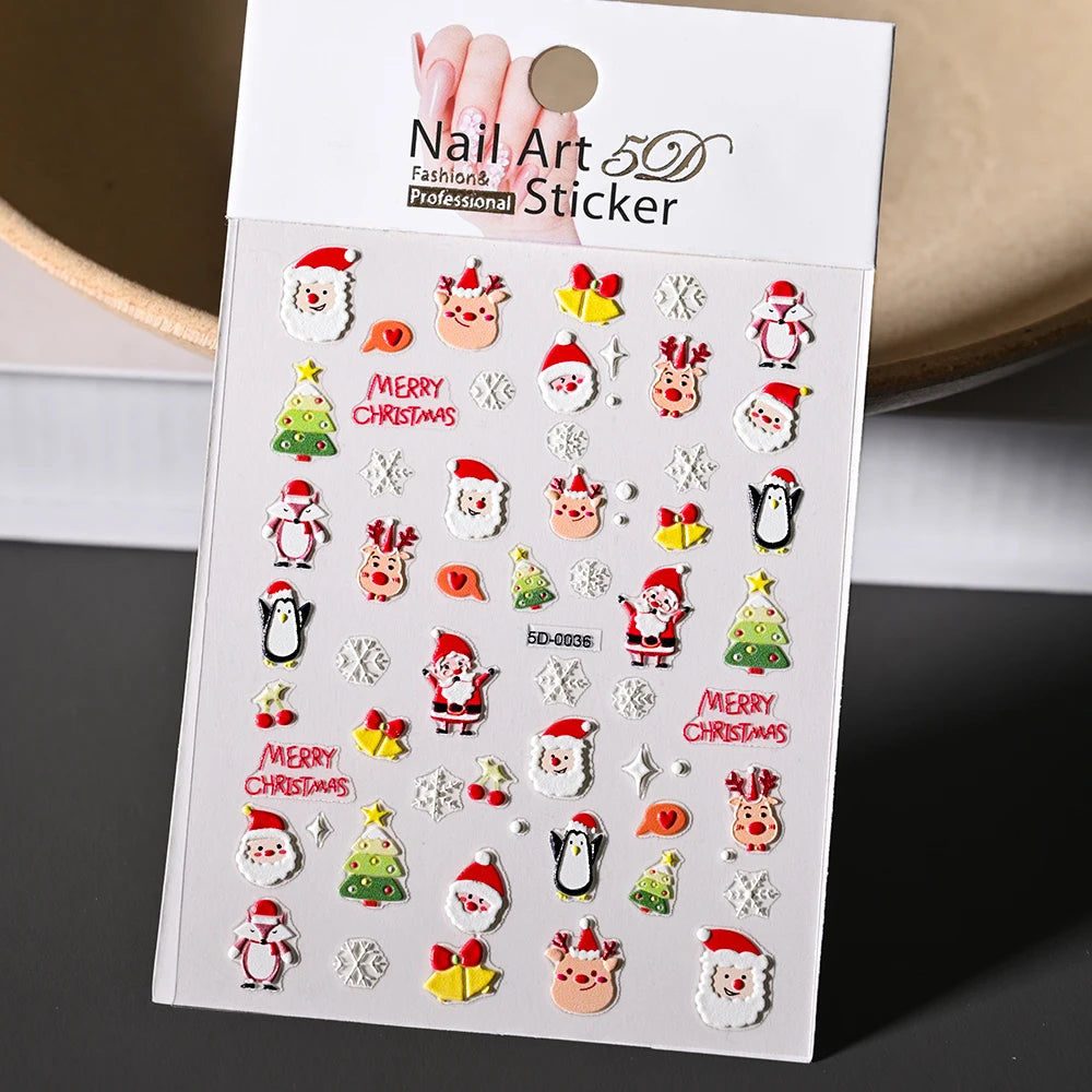 Cute Deer Christmas Nail Stickers 5D Embossed Elk Star Gingerbread Man Snowflake Santa Claus Holly DIY Winter Engraved Manicure*