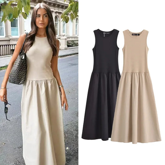 Elegant Khaki Sleeveless Dress for Women – 2025 Casual Chic