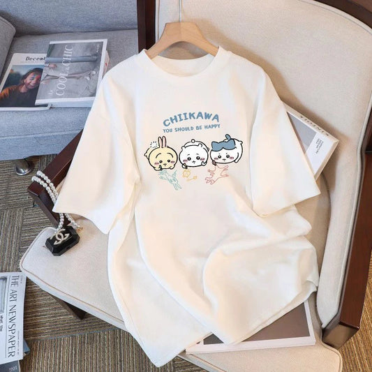 Chiikawa Cartoon Print 100% Cotton Short Sleeve Round Neck Women's T-shirt Trendy Summer Cute Loose Fashion Women's T-shirt
