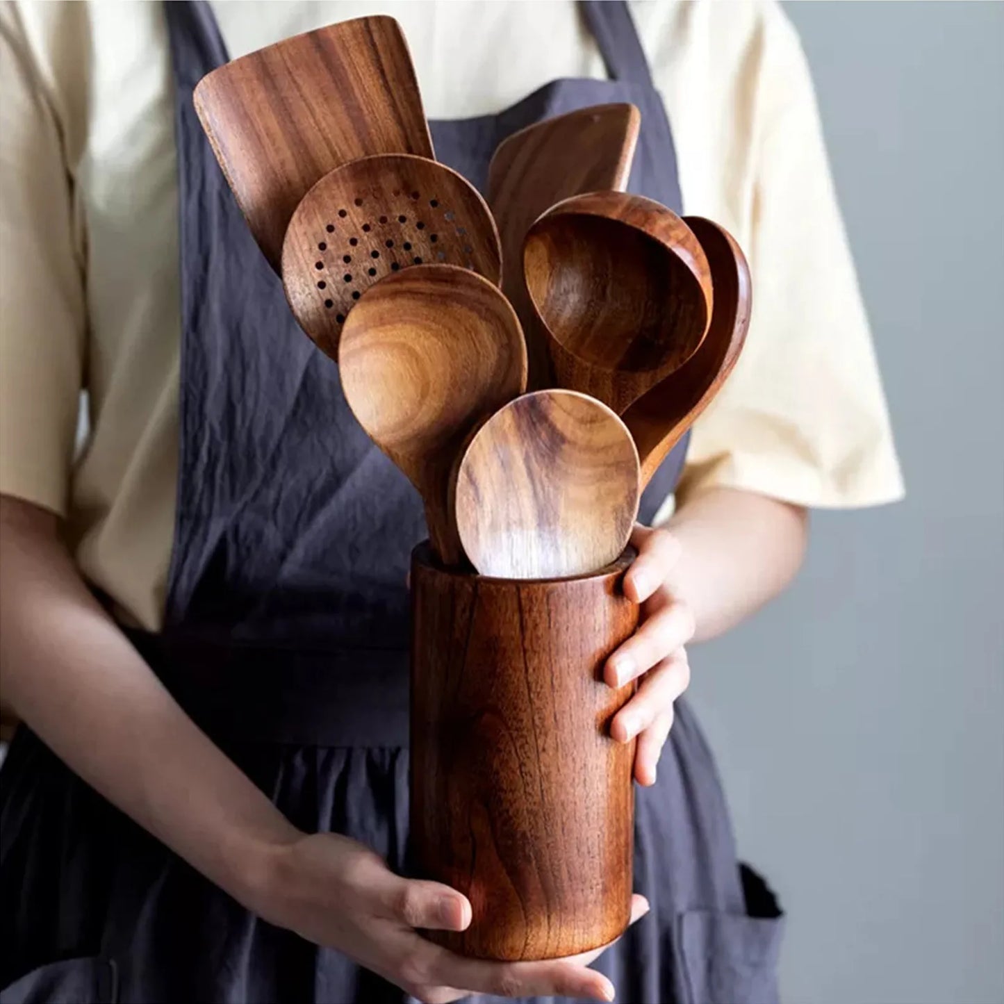 Wooden Kitchenware Cooking Utensils Set Non-stick Cookware Spatula Shovel Natural Teak Wooden Kitchen Cooking Tool Set 2025