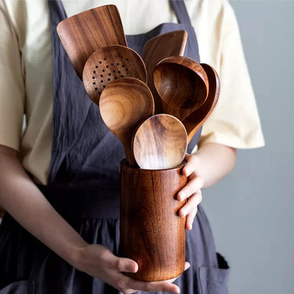 Wooden Kitchenware Cooking Utensils Set Non-stick Cookware Spatula Shovel Natural Teak Wooden Kitchen Cooking Tool Set 2025