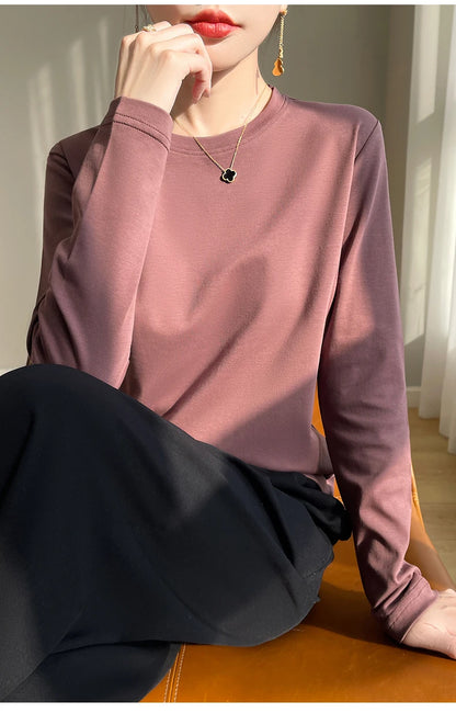 Spring Autumn 100% Cotton Long-Sleeved T-Shirt Women's Round Neck Mercerized Cotton Bottoming Shirt Loose Top