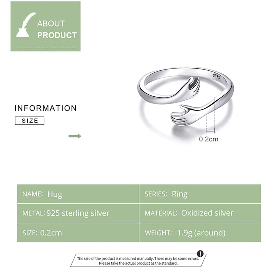BAMOER 925 Sterling Silver Hug Open Ring Warmth and Love Hand Adjustable for Women Party Jewelry, His Big Loving Family Gift