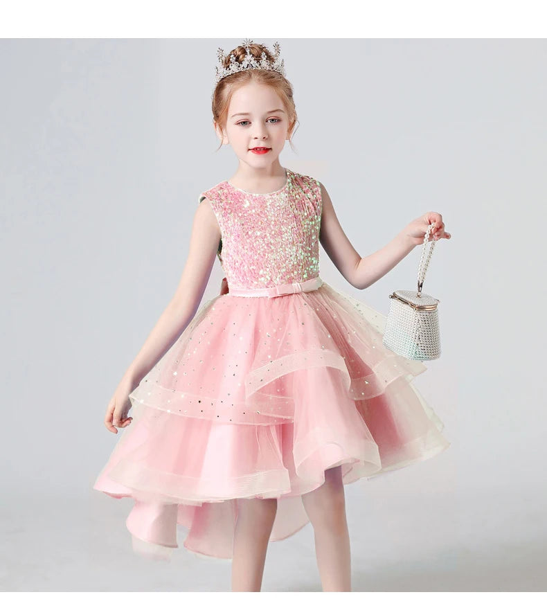 2023 Hot style Summer Sequin Lace Tuxedo Wedding Dress for girls 3-13 years old Sleeveless fluffy Mesh gauze Doveark brand