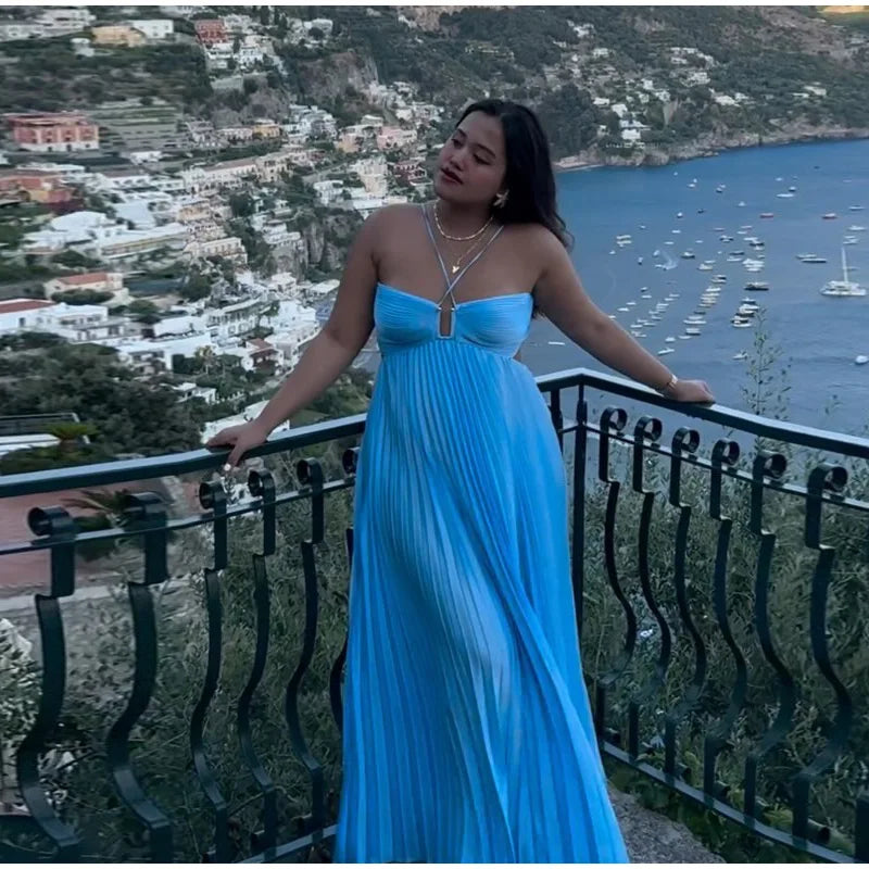 Women's Halter Backless Pleated Maxi Dress – Beach Vibes 2025