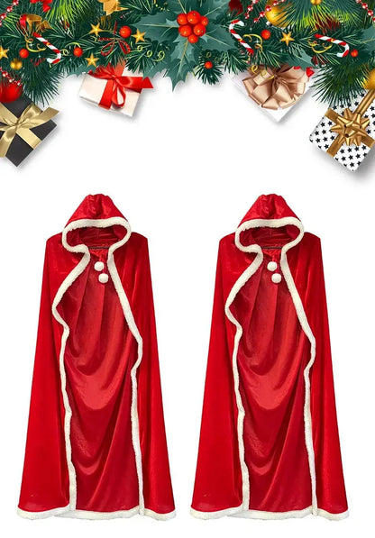 Christmas Shawl Cape Hooded Santa Claus Costume Red with Hat Cosplay Winter Warm Coat Holiday Performance Outfit Party Dress