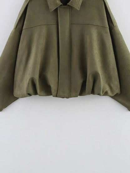Women’s Suede-Texture Bomber Jacket – Casual Lapel Zip Coat | ETJ