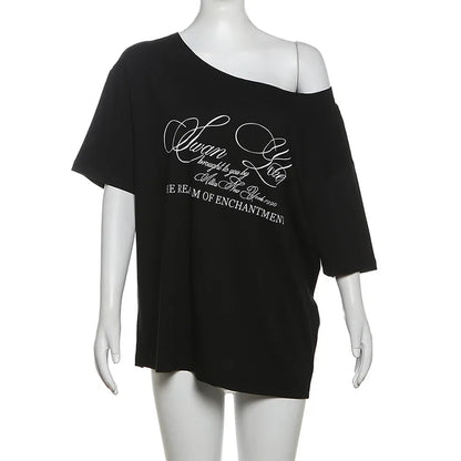 Casual Relax Woman T-shirt Letter 2025 Women Oversized One Shoulder Tops Versatile Street Atmosphere Style Fashionable Tops