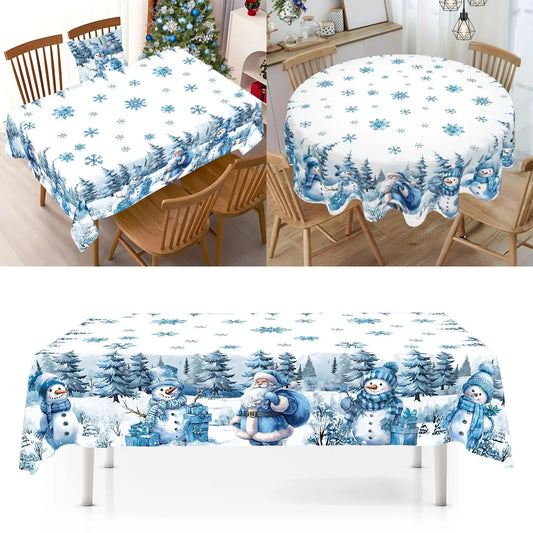 Blue Santa Claus Snowman Christmas Tablecloth Winter Wonderland Table Cover Christmas Decorations for Home 2025 Navidad Gifts