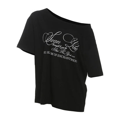 Casual Relax Woman T-shirt Letter 2025 Women Oversized One Shoulder Tops Versatile Street Atmosphere Style Fashionable Tops