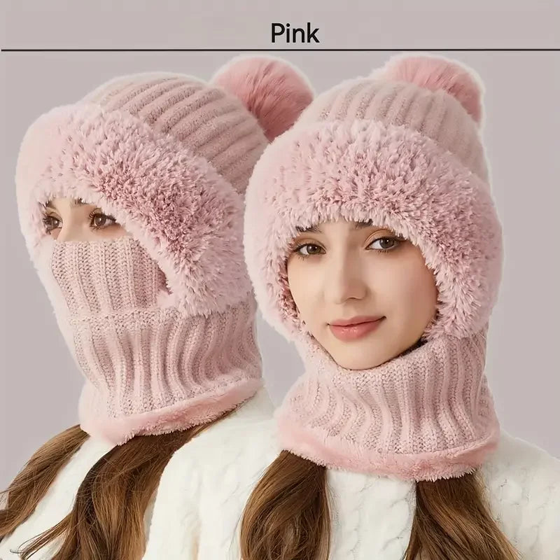Thermal Fleece Knit Beanie with Ear Covers All-in-One Windproof Hood Neck Warmer Specifically for Bicycle Riders