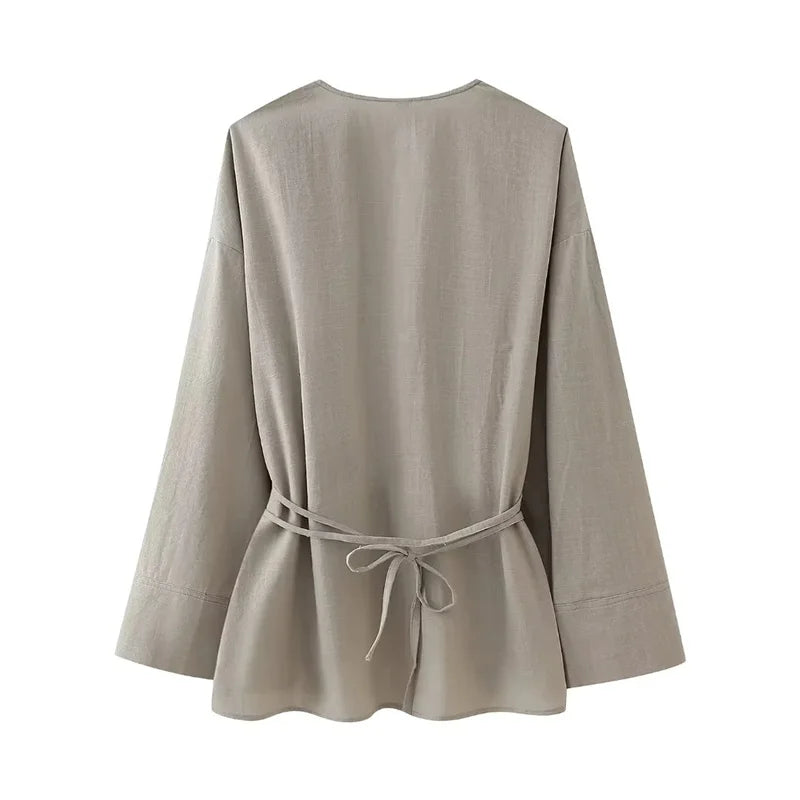 MUJER Kimono Woman Summer Long Sleeve Blouses For Women 2025 Vintage Y2k Top With Ties Loose Elegant And Youth Women's Blouses