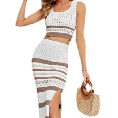 Women's Two-piece Striped Slim Slit Skirt And Sleeveless Crop Top Set Summer Knitted Hollow Dress