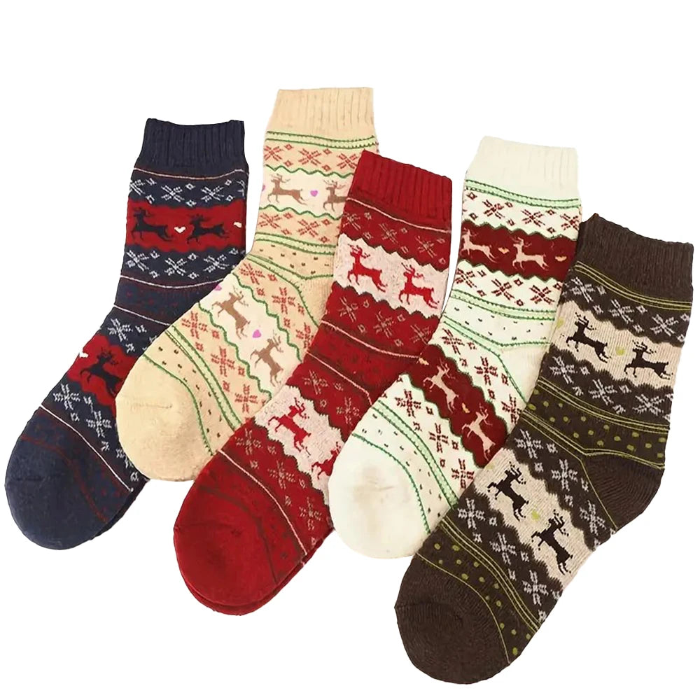 5/10 Pairs Deer Patterned Women Printed Thick Socks Suitable For Warm Soft Comfortable Christmas Stockings Autumn Winter Socks
