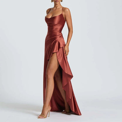 Sexy Slash Neck Slim Ruffle Banquet Dress Women Spring Backless Lace-up Long Irregular Dress Summer Sleeveless Hollow Maxi Dress