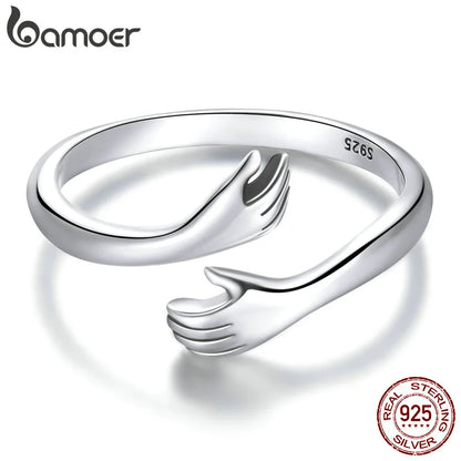 BAMOER 925 Sterling Silver Hug Open Ring Warmth and Love Hand Adjustable for Women Party Jewelry, His Big Loving Family Gift