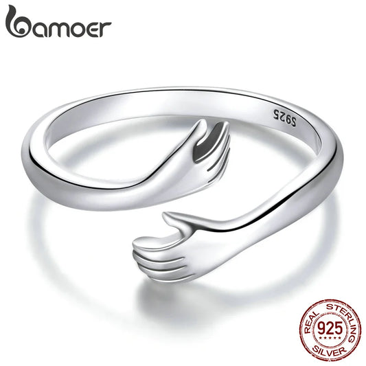 BAMOER 925 Sterling Silver Hug Open Ring Warmth and Love Hand Adjustable for Women Party Jewelry, His Big Loving Family Gift