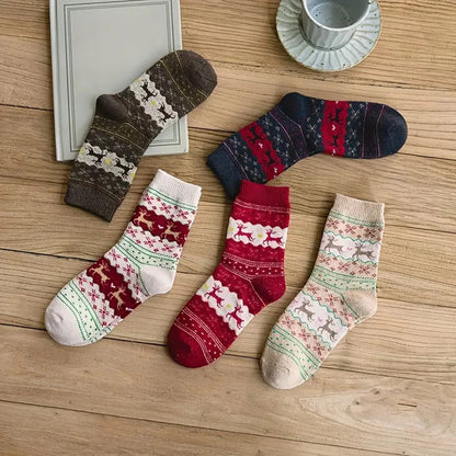 5/10 Pairs Deer Patterned Women Printed Thick Socks Suitable For Warm Soft Comfortable Christmas Stockings Autumn Winter Socks