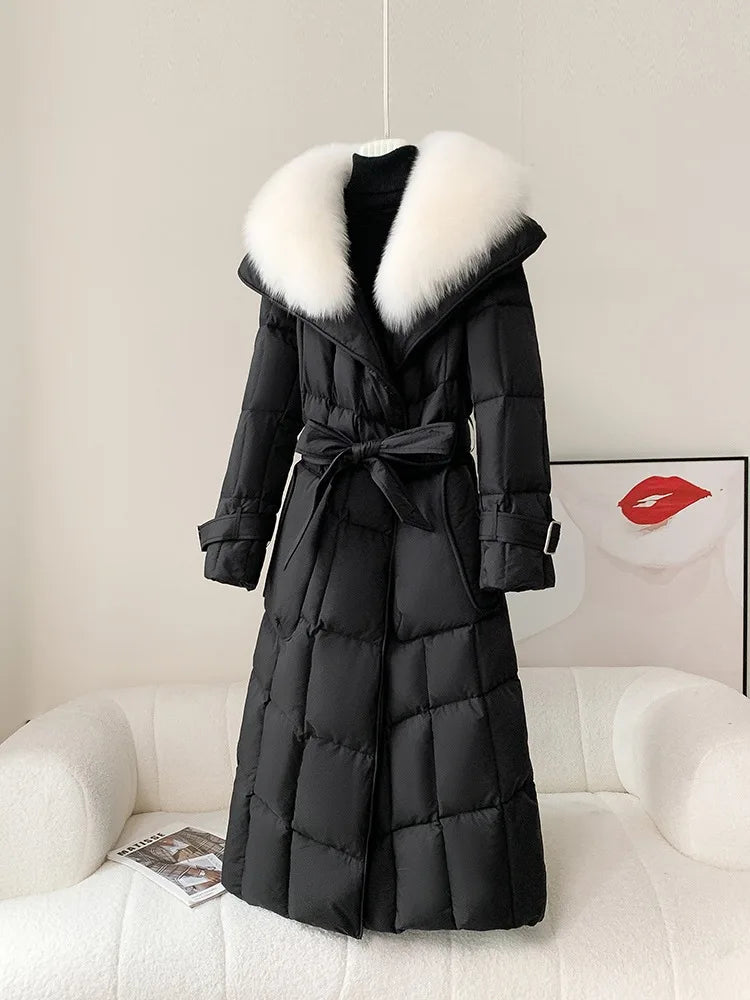 Reality Fur Jacket Women New Winter White Duck Down Coat Warm Long Parkas Real Fox Fur Collar Female Hooded Snow Puffer Coats