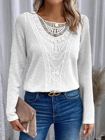 Solid Crew Neck Cut Out T-Shirt Elegant Ribbed Long Sleeve Contrast Lace T-Shirt For Fall & Winter Women's Clothing