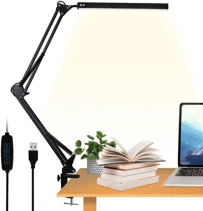 10W LED Desk Lamp with Clamp Swing Arm Eye-Caring Dimmable Desk Light 10 Brightness Levels 3 Modes USB Charging