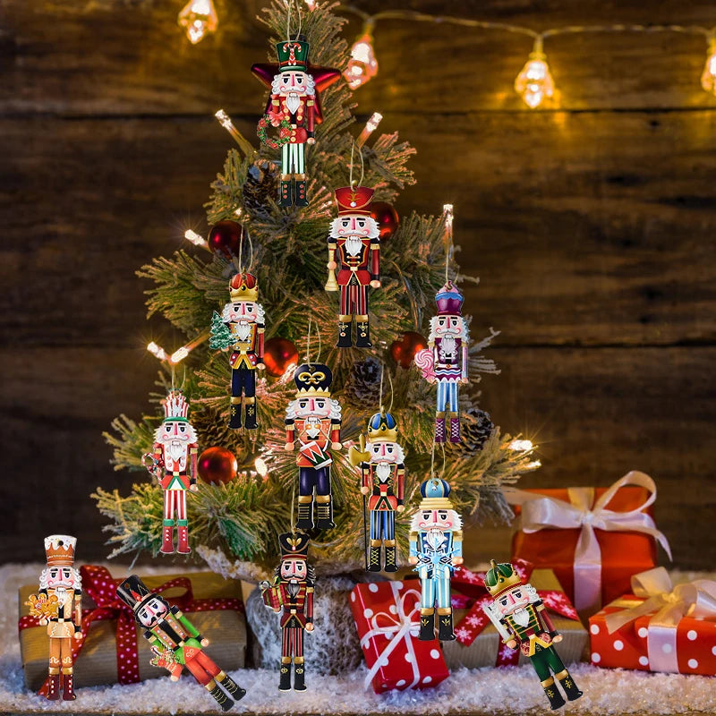 12Pcs Wooden Nutcracker Soldier Pendant Xmas Tree Hanging Ornament 2024 Christmas Decoration for Home Navidad 2025 New Year Gift