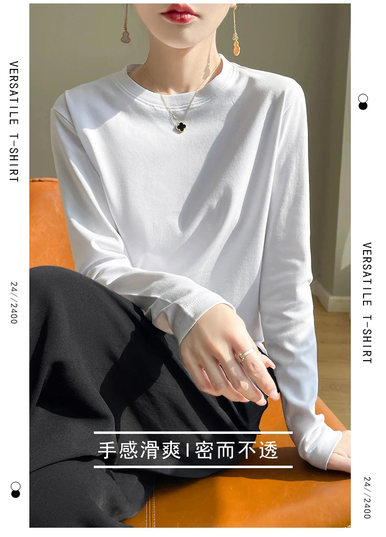Spring Autumn 100% Cotton Long-Sleeved T-Shirt Women's Round Neck Mercerized Cotton Bottoming Shirt Loose Top
