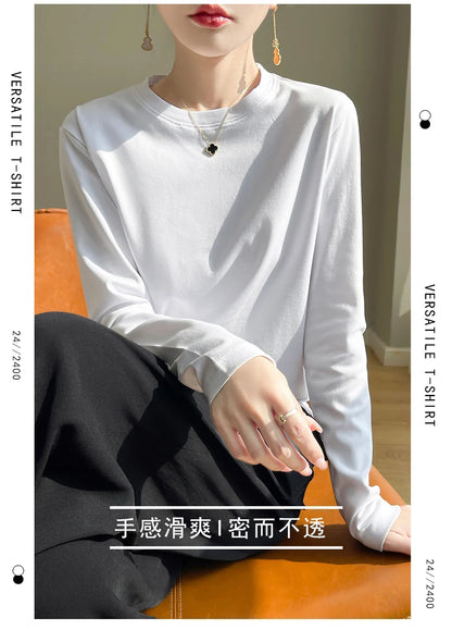 Spring Autumn 100% Cotton Long-Sleeved T-Shirt Women's Round Neck Mercerized Cotton Bottoming Shirt Loose Top