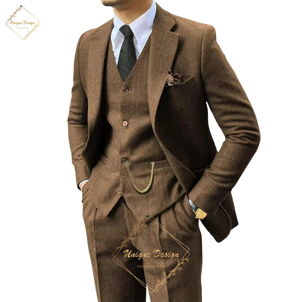 Premium Men's Suits 3 Piece Jacket Vest Pants Brown Wedding Tweed Herringbone Retro Vintage Tailored Fit Single Breasted Tuxedo