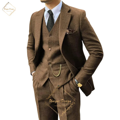 Premium Men's Suits 3 Piece Jacket Vest Pants Brown Wedding Tweed Herringbone Retro Vintage Tailored Fit Single Breasted Tuxedo