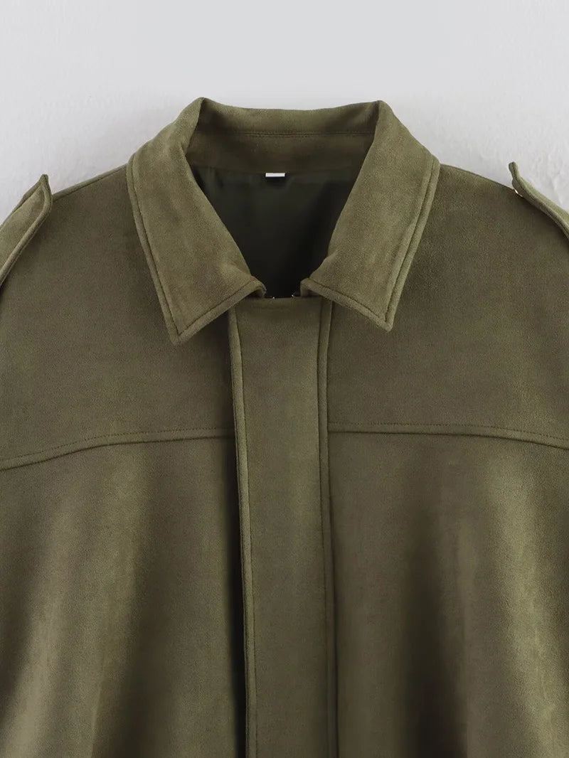 RAFZNB Women's Bomber Jackets Coats Fashion Turn-down Collar Long Sleeve Loose Coats Vintage Female Outerwear Chic Tops