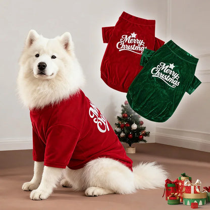 Christmas Velvet Dog Sweatshirt, “Merry Christmas” Print, Warm Soft Pullover, Red/Green, Sizes S–6XL for Small to Large Dogs